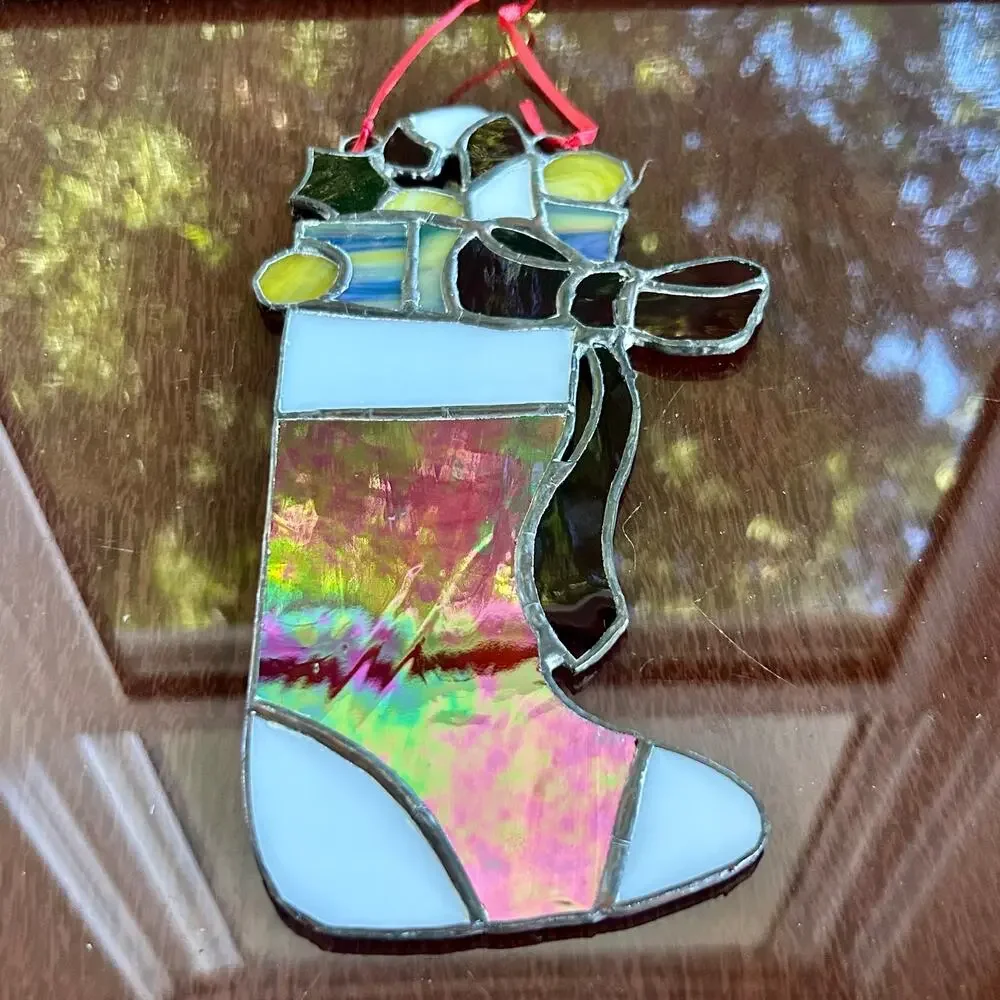 Vintage Stained Glass Christmas Stocking – 9” Iridescent Holiday Suncatcher